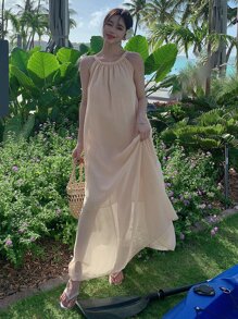 Solid Tie Back Halter Dress - Apricot - View 6