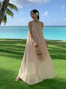 Solid Tie Back Halter Dress - Apricot - View 7