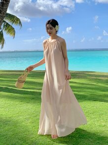 Solid Tie Back Halter Dress - Apricot - View 8