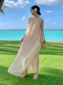 Solid Tie Back Halter Dress - Apricot - View 9