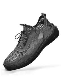 Men Hollow Out Hollow Out Handmade Shoes, Mesh Drawstring Front Dress Shoes - Grey - View 1