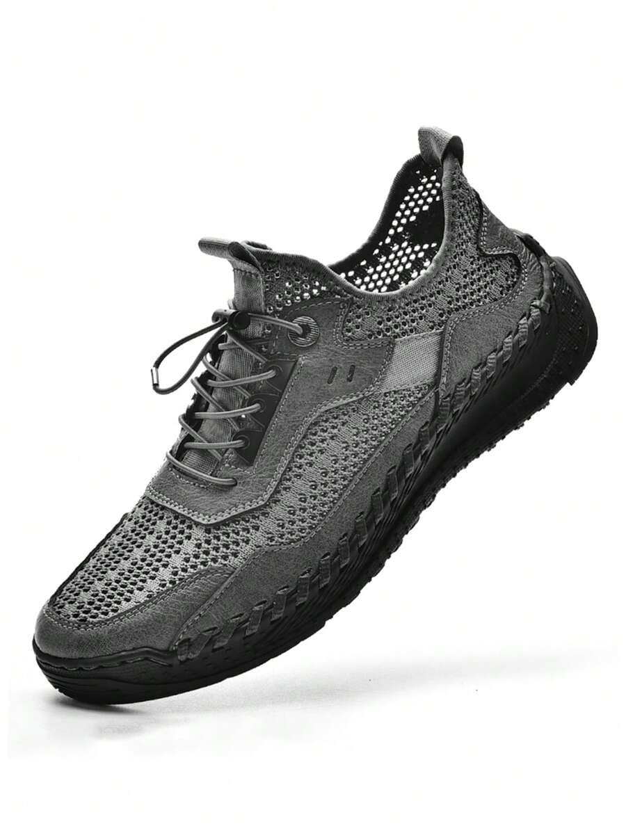 Men Hollow Out Hollow Out Handmade Shoes, Mesh Drawstring Front Dress Shoes - Grey - View 1