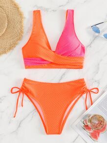 SHEIN Swim 色塊包覆紋理比基尼套裝，夏季沙灘泳裝 - 橘色 - 查看 1