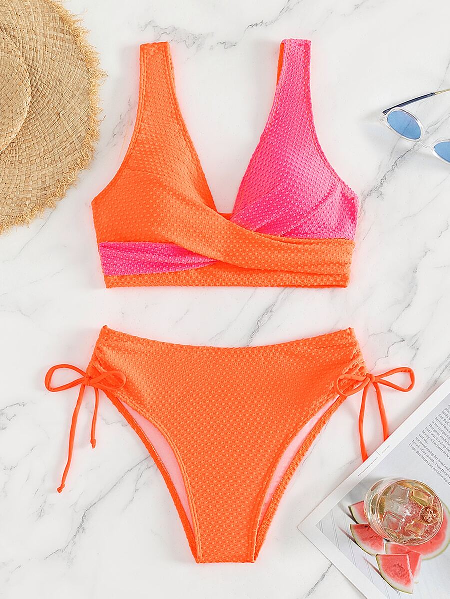 SHEIN Swim 色塊包覆紋理比基尼套裝，夏季沙灘泳裝 - 橘色 - 查看 1