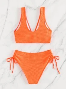 SHEIN Swim 色塊包覆紋理比基尼套裝，夏季沙灘泳裝 - 橘色 - 查看 2