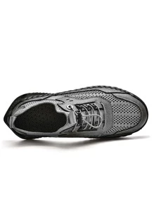 Men Hollow Out Hollow Out Handmade Shoes, Mesh Drawstring Front Dress Shoes - Grey - View 3