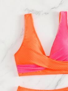 SHEIN Swim 色塊包覆紋理比基尼套裝，夏季沙灘泳裝 - 橘色 - 查看 3