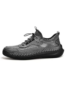 Men Hollow Out Hollow Out Handmade Shoes, Mesh Drawstring Front Dress Shoes - Grey - View 4