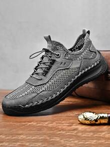 Men Hollow Out Hollow Out Handmade Shoes, Mesh Drawstring Front Dress Shoes - Grey - View 5