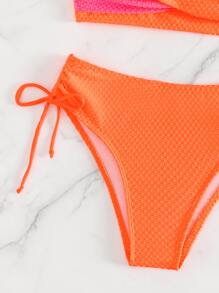 SHEIN Swim 色塊包覆紋理比基尼套裝，夏季沙灘泳裝 - 橘色 - 查看 4