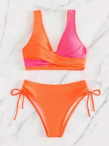 SHEIN Swim 色塊包覆紋理比基尼套裝，夏季沙灘泳裝 - 橘色 - 查看 5