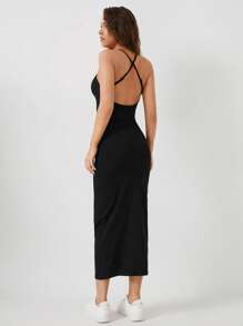 Cottnline Solid Cami Bodycon Dress - Black - View 7