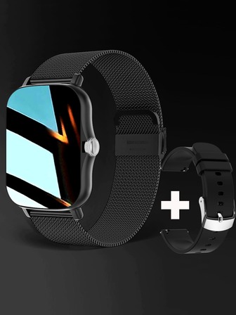 1 件黑色不锈钢表带运动日期计步器防水心率监测睡眠跟踪多功能表盘智能手表，带 1 件硅胶表带，兼容 Android 和