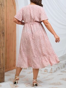 SHEIN LUNE Vestido con cinturón con estampado floral ribete con fruncido cruzado - Rosa - Ver 2