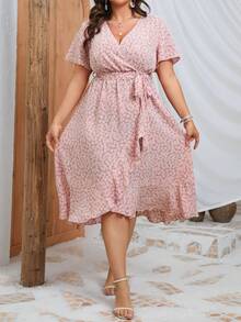 SHEIN LUNE Vestido con cinturón con estampado floral ribete con fruncido cruzado - Rosa - Ver 3