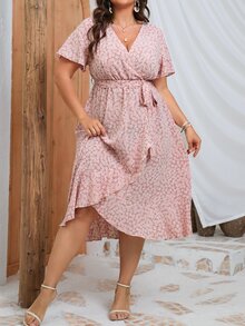 SHEIN LUNE Vestido con cinturón con estampado floral ribete con fruncido cruzado - Rosa - Ver 4