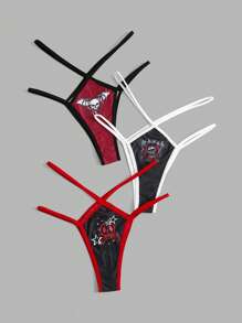 ROMWE Grunge Punk 3件骷髏頭圖案撞色滾邊丁字褲套裝 - 彩色 - 查看 4