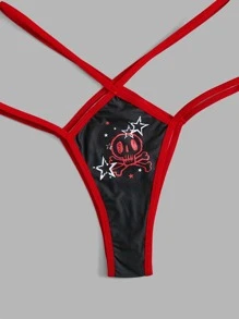 ROMWE Grunge Punk 3件骷髏頭圖案撞色滾邊丁字褲套裝 - 彩色 - 查看 3