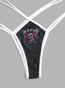ROMWE Grunge Punk 3件骷髏頭圖案撞色滾邊丁字褲套裝 - 彩色 - 查看 5