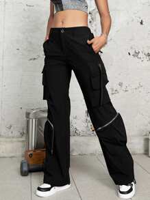 Solid Flap Pocket Cargo Pants - Black - View 1