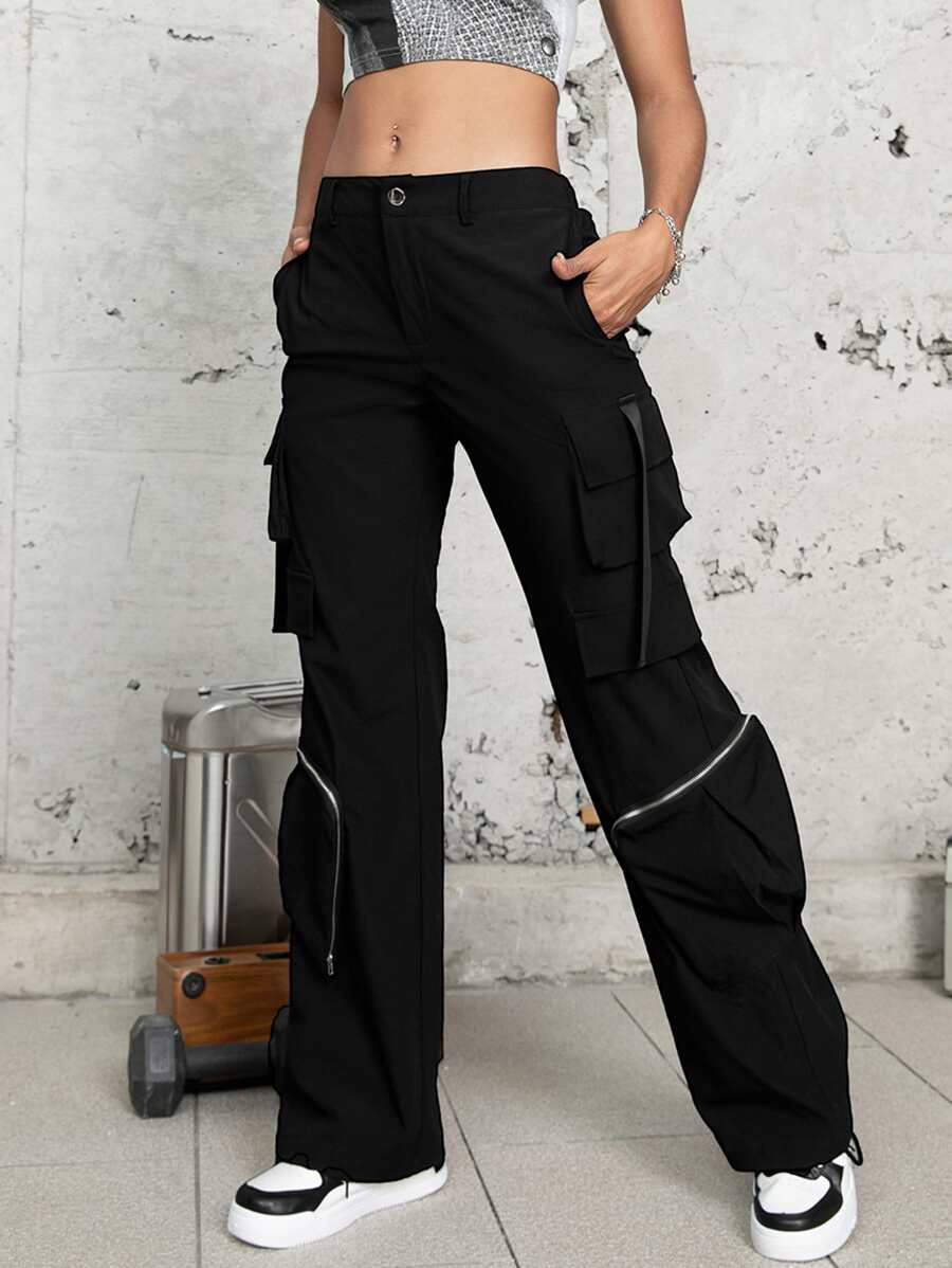 Solid Flap Pocket Cargo Pants - Black - View 1