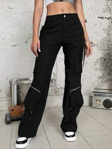 Solid Flap Pocket Cargo Pants - Black - View 3