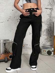 Solid Flap Pocket Cargo Pants - Black - View 4
