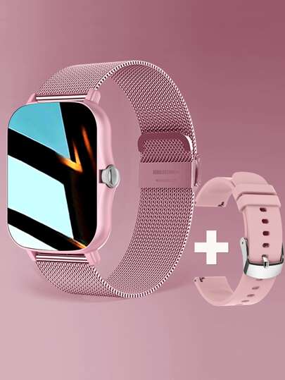 1 件男女粉色不锈钢表带运动日期计步器防水心率监测睡眠跟踪多功能表盘智能手表，带 1 条硅胶表带，兼容 Android 和