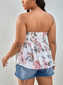 SHEIN Holidaya Plus Floral Print Shirred Tube Top - White - View 2