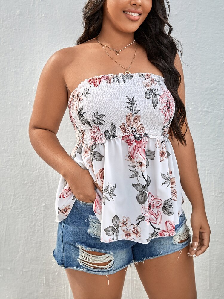 SHEIN Holidaya Top bandeau con estampado floral con fruncido - Blanco - Añade 4