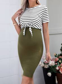 SHEIN Maternidad Camiseta con estampado de rayas & Falda ajustada de cintura ajustable - Verde militar - Ver 5