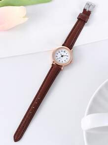 1pc Women Litchi Embossed Brown PU Polyurethane Strap Elegant Round Dial Quartz Watch, For Daily Life As A Gift For Students Returning To School - Brown - View 2