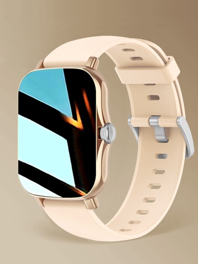 1入組男士女士杏色矽膠錶帶運動型防水心率監測睡眠追踪方形錶盤智能手錶，兼容安卓 iPhone