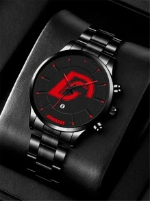 1pc Men Round Pointer Date Quartz Watch & 1pc Bracelet - Black - View 2