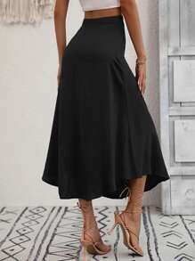 SHEIN VCAY Váy nữ Nút phía trước màu trơn Giải trí - màu đen - Xem 2