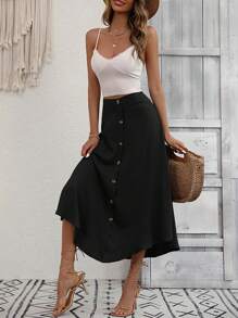 SHEIN VCAY Váy nữ Nút phía trước màu trơn Giải trí - màu đen - Xem 3