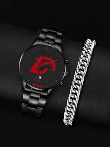1pc Men Round Pointer Date Quartz Watch & 1pc Bracelet - Black - View 1