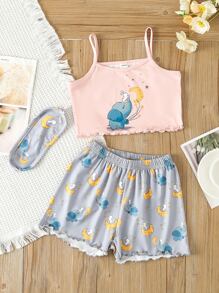 Girls Cartoon Graphic Lettuce Trim PJ Set With Eye Cover - Multicolor - View 1