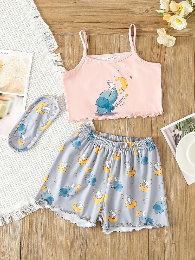 Girls Cartoon Graphic Lettuce Trim PJ Set With Eye Cover - Multicolor - View 1