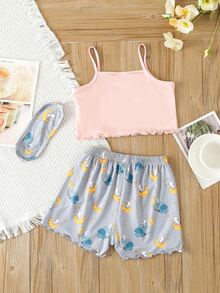 Girls Cartoon Graphic Lettuce Trim PJ Set With Eye Cover - Multicolor - View 2