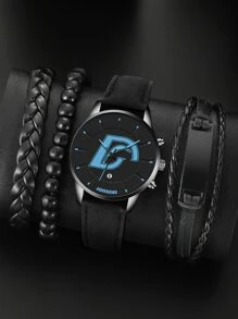 1入組男士圓形指針石英手錶和3入組珠子裝飾手環 - 黑色 - 查看 1