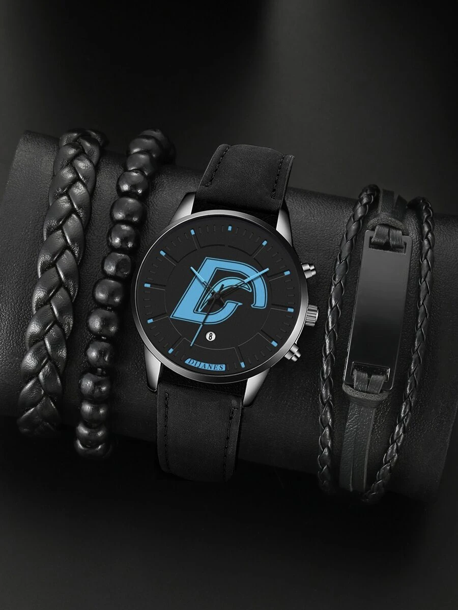 1入組男士圓形指針石英手錶和3入組珠子裝飾手環 - 黑色 - 查看 1