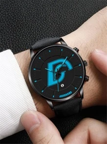 1入組男士圓形指針石英手錶和3入組珠子裝飾手環 - 黑色 - 查看 2