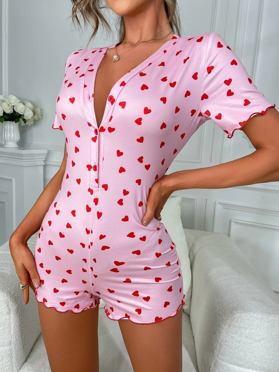 Heart Print Button Front Lettuce Trim Romper - Baby Pink - View 1