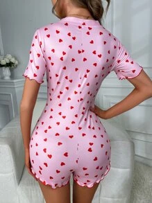 Heart Print Button Front Lettuce Trim Romper - Baby Pink - View 2