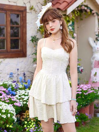Kawaii Jacquard Two Layer Hem Cami Dress