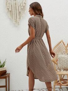 SHEIN LUNE Allover Print Batwing Sleeve Belted Dress - Apricot - View 2