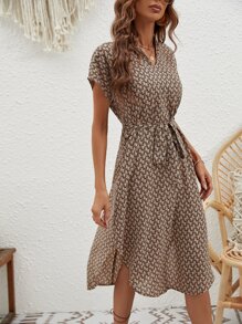 SHEIN LUNE Allover Print Batwing Sleeve Belted Dress - Apricot - View 7