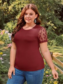 SHEIN Clasi Camiseta con encaje en contraste - Granate - Ver 1