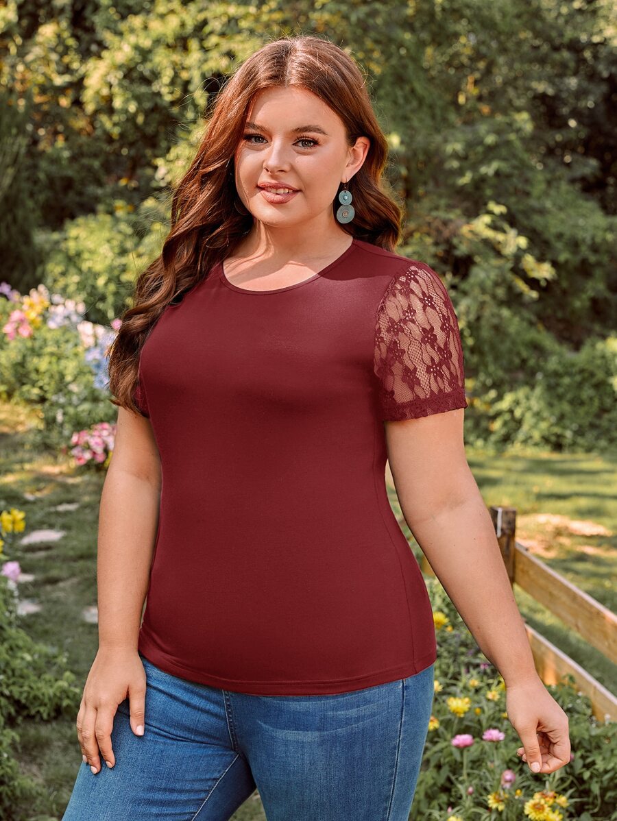 SHEIN Clasi Camiseta con encaje en contraste - Granate - Ver 1